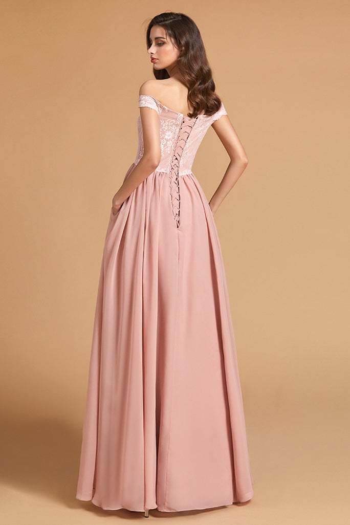Dusty Rose Off-the-Shoulder Lace Bridesmaid Dress with Pockets