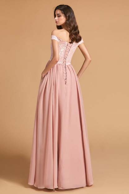 Dusty Rose Off-the-Shoulder Lace Bridesmaid Dress with Pockets
