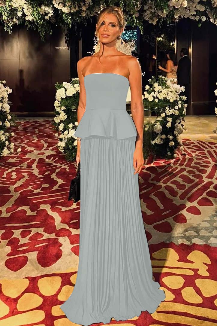 Black Sleeveless Strapless Long Formal Dress With Pleated Ruffles