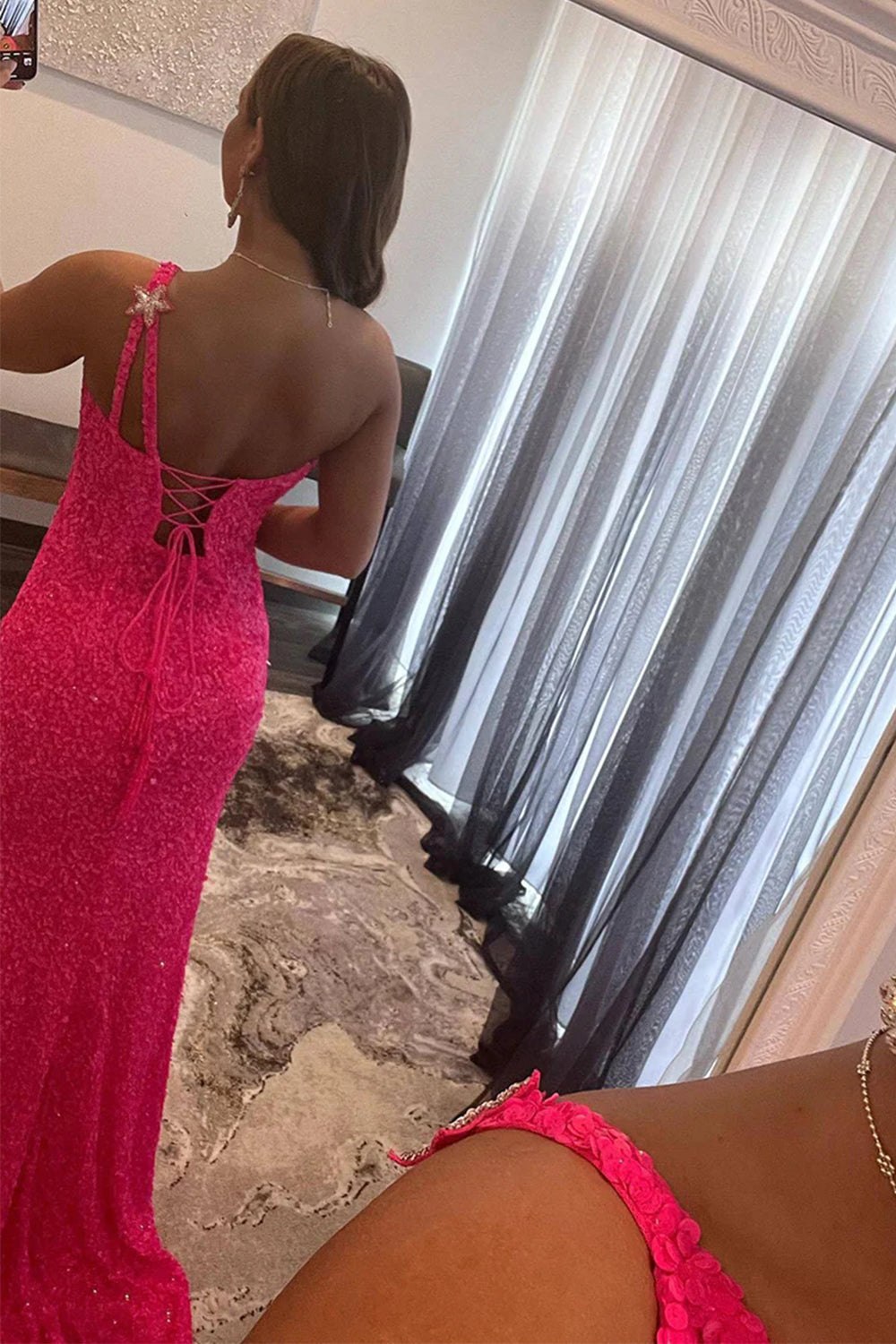 Prom Dress with Fuchsia Stars and Sequins