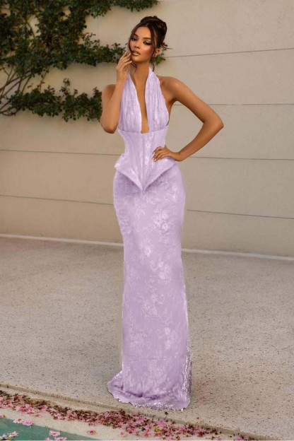 Halter Sleeveless Long Mermaid Formal Dress With Lace Appliques