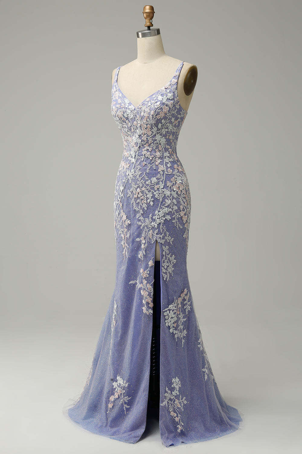 Long Blue Mermaid Prom Dress with Glitter Lace and Slit
