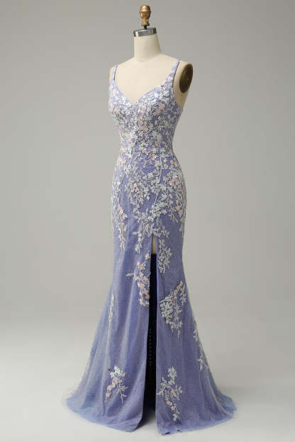Long Blue Mermaid Prom Dress with Glitter Lace and Slit