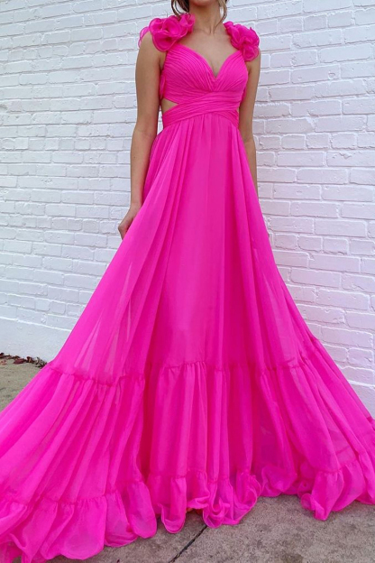 Fuchsia Long A-Line Prom Dress with 3D Flowers and V-Neck