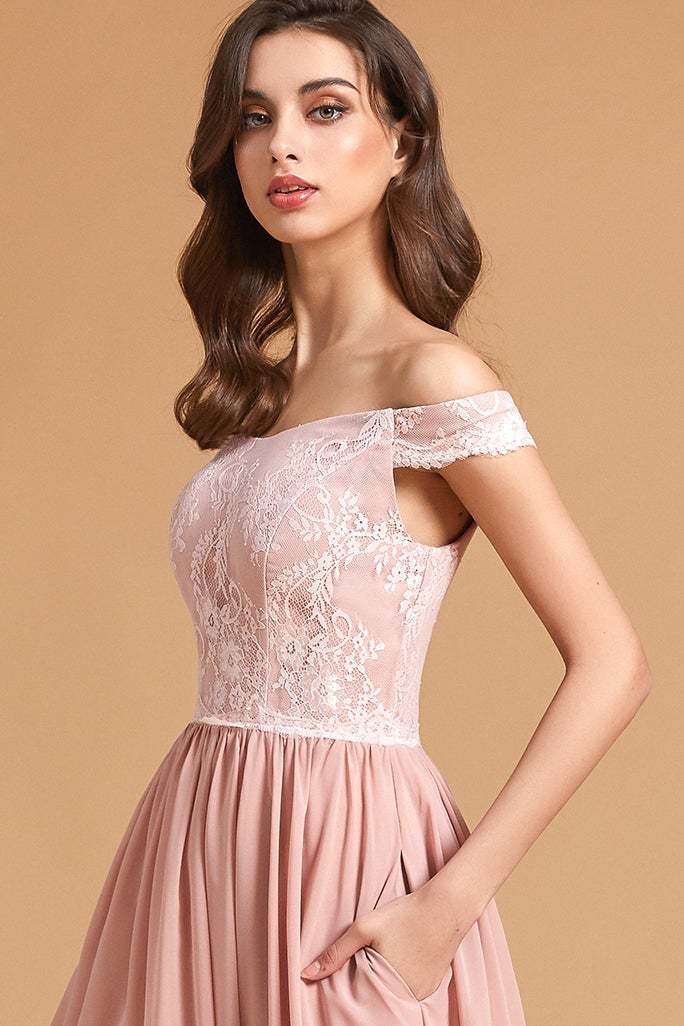 Dusty Rose Off-the-Shoulder Lace Bridesmaid Dress with Pockets