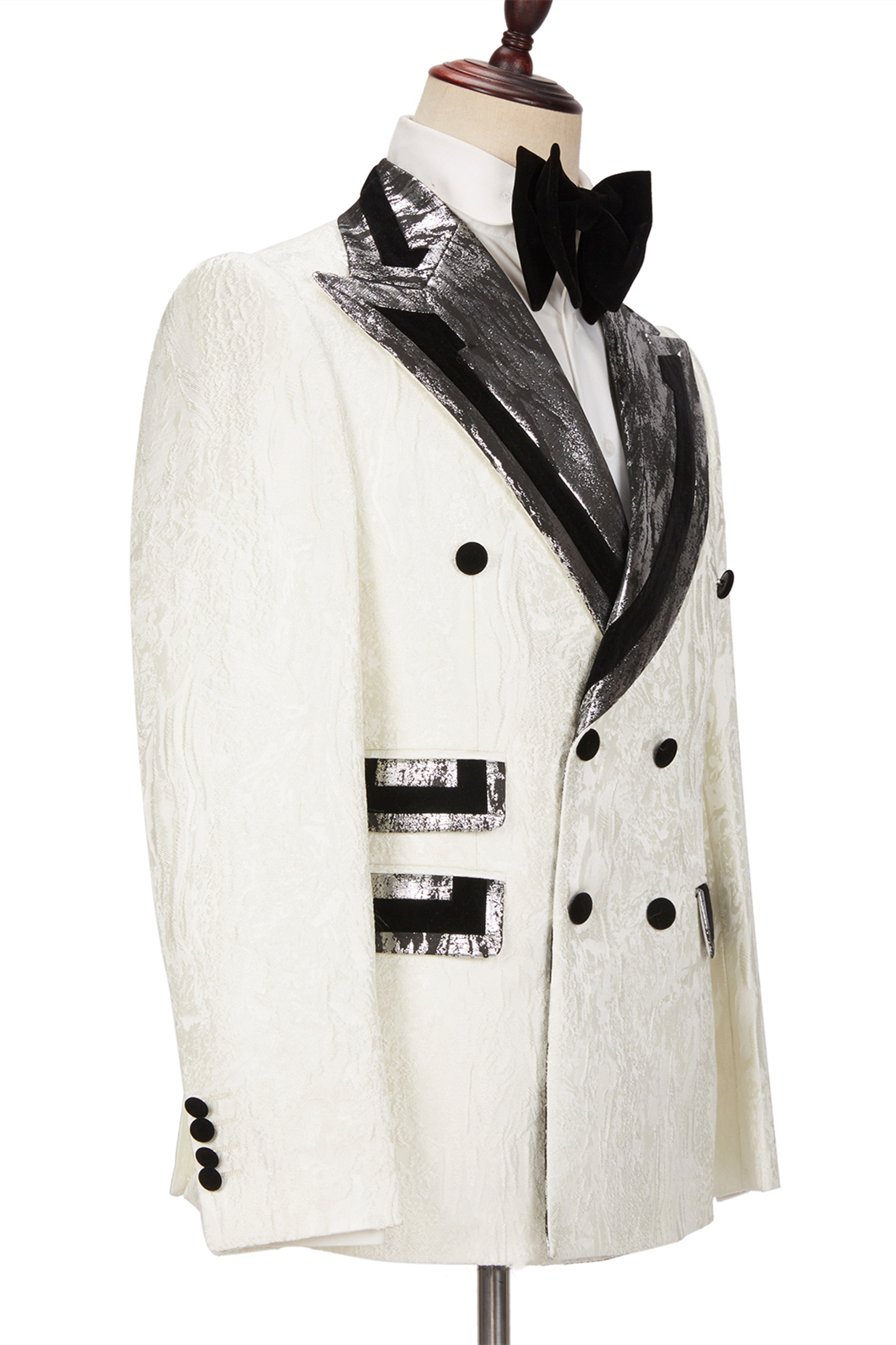 Classic Silver Gray Lapel Flaps Black Banding Edge White Jacquard Men's Suits
