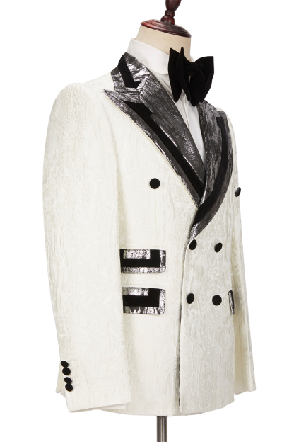 Classic Silver Gray Lapel Flaps Black Banding Edge White Jacquard Men's Suits