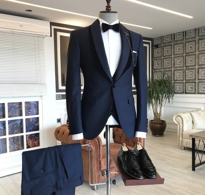 Navy One-Button Blue Shawl Lapel Wedding Groom Suits