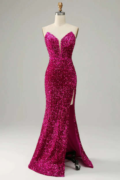Blue Sequin Sweetheart Prom Dress with Sheath Silhouette and Slit