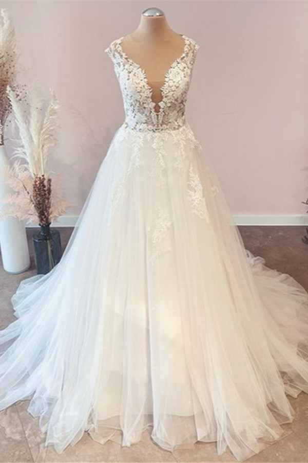 Floor-Length A-Line Sweetheart Floral Lace Wedding Dress with Tulle Ruffles