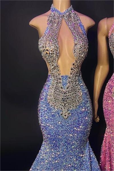 Beaded Sequins High Halter Neck Sleeveless Mermaid Formal Dress With Appliques
