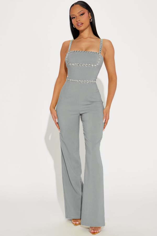 Fashion Green Square Neck Spaghetti-Straps Slim Fit Jump Suit