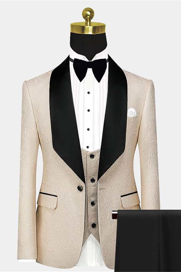 Gentle Champagne Floral Jacquard with Black Large Lapel Wedding Suit