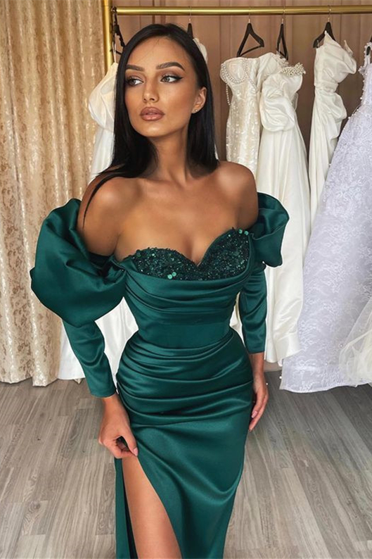 Dark Green Sweetheart Slit Long Mermaid Evening Dress With Long Sleeves Sequins