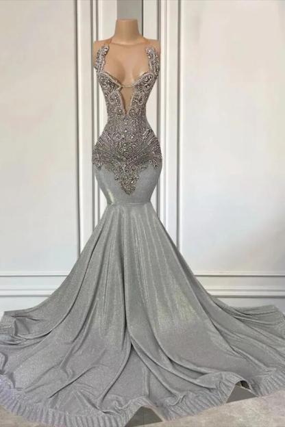 Silver Halter Mermaid Sleeveless Long Evening Dress With Beadings