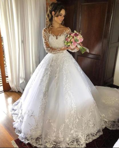 Charming Long Sleeves Princess Tulle Wedding Dress with Appliques
