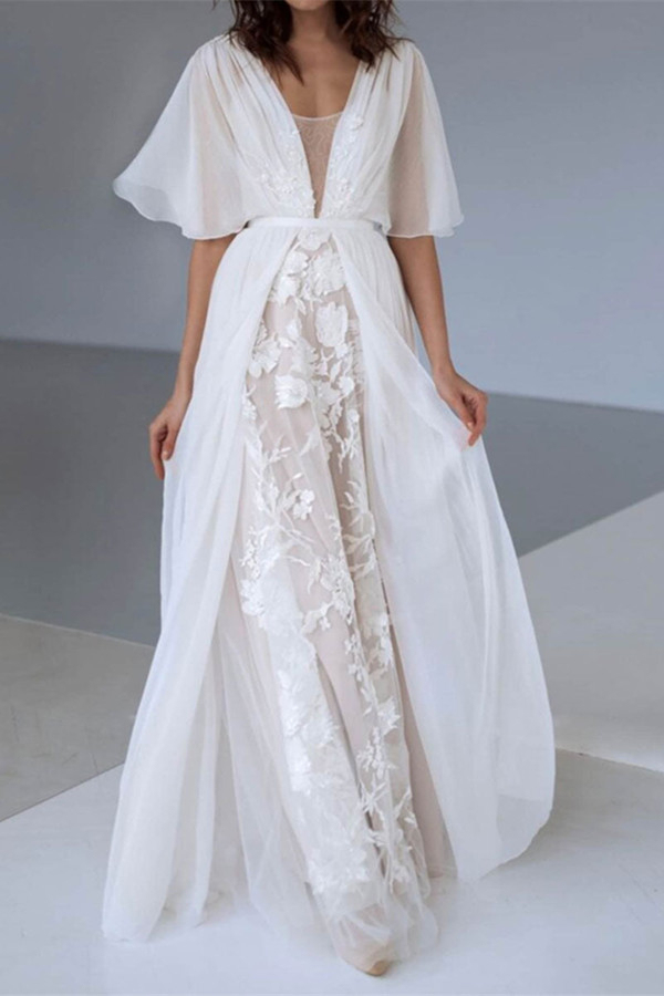 V-Neck Chiffon A-Line Lace Boho Wedding Dress with Belt
