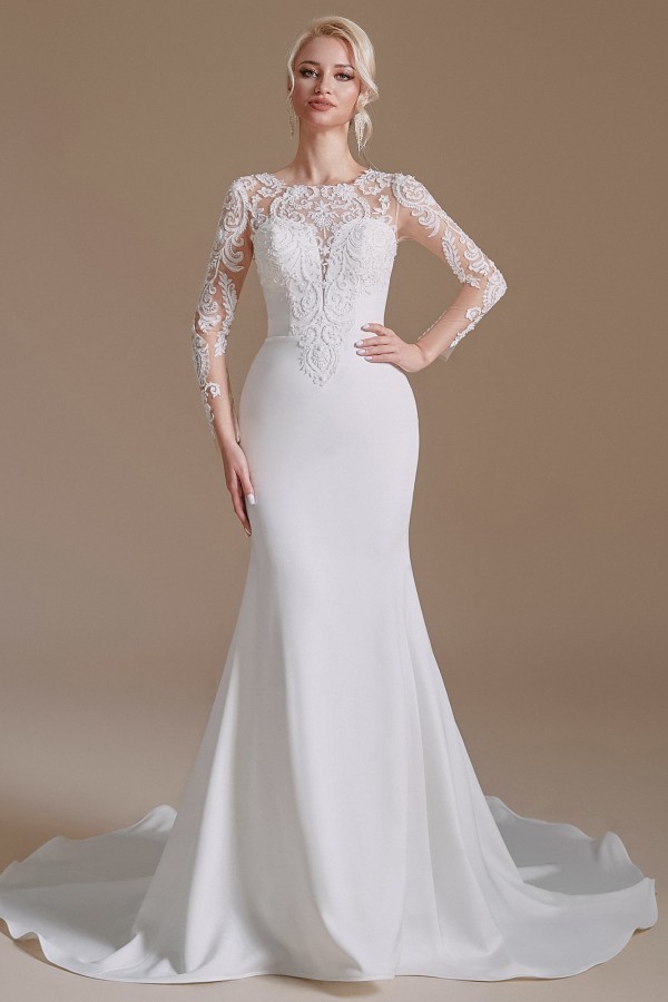 Romantic Mermaid Jewel Satin Lace Long Wedding Dress with Sleeves