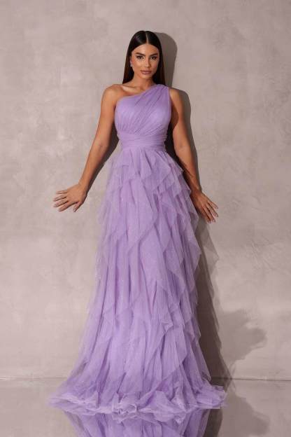 Chic One Shoulder Sleeveless Long Formal Dress With Tulle Ruffle