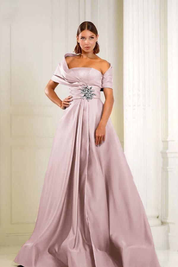 Off the Shoulder Sleeveless Long Formal Dress With Pleated Beading
