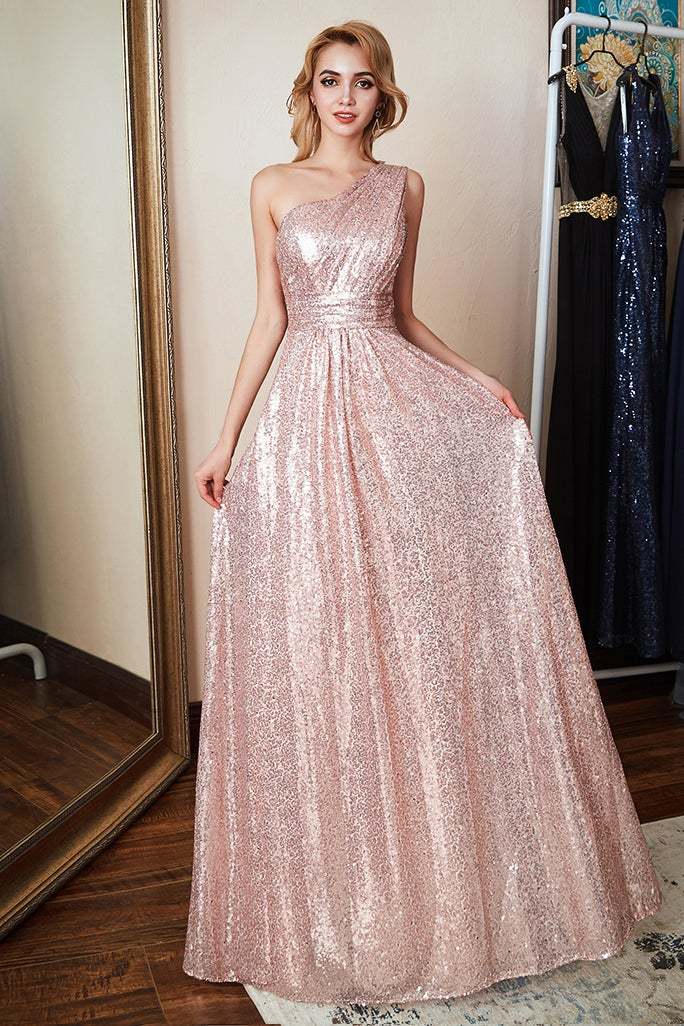One Shoulder Sequins Bridesmaid Dress Long