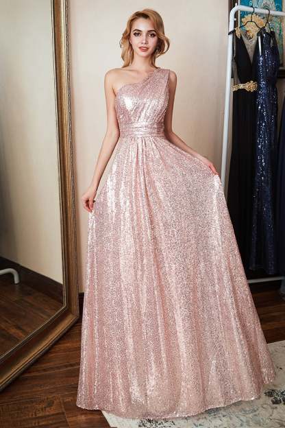 One Shoulder Sequins Bridesmaid Dress Long
