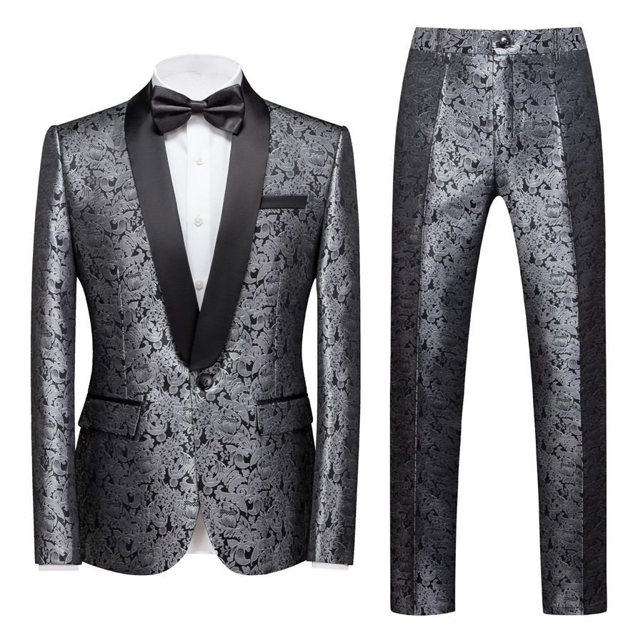 Unique Silver Shawl Lapel Jacquard One-Button Wedding Suit for Men