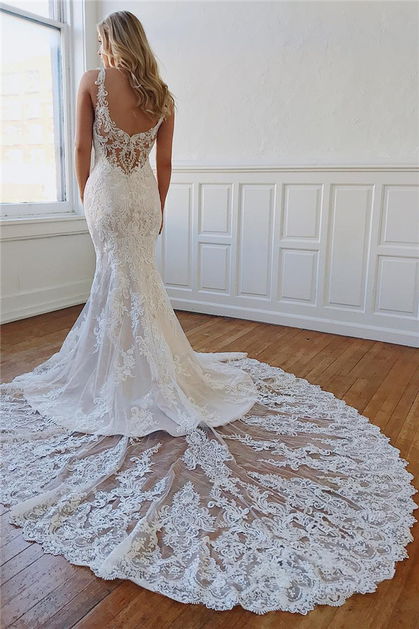 Alluring Lace Crystal Mermaid Straps Wedding Dresses with Appliques