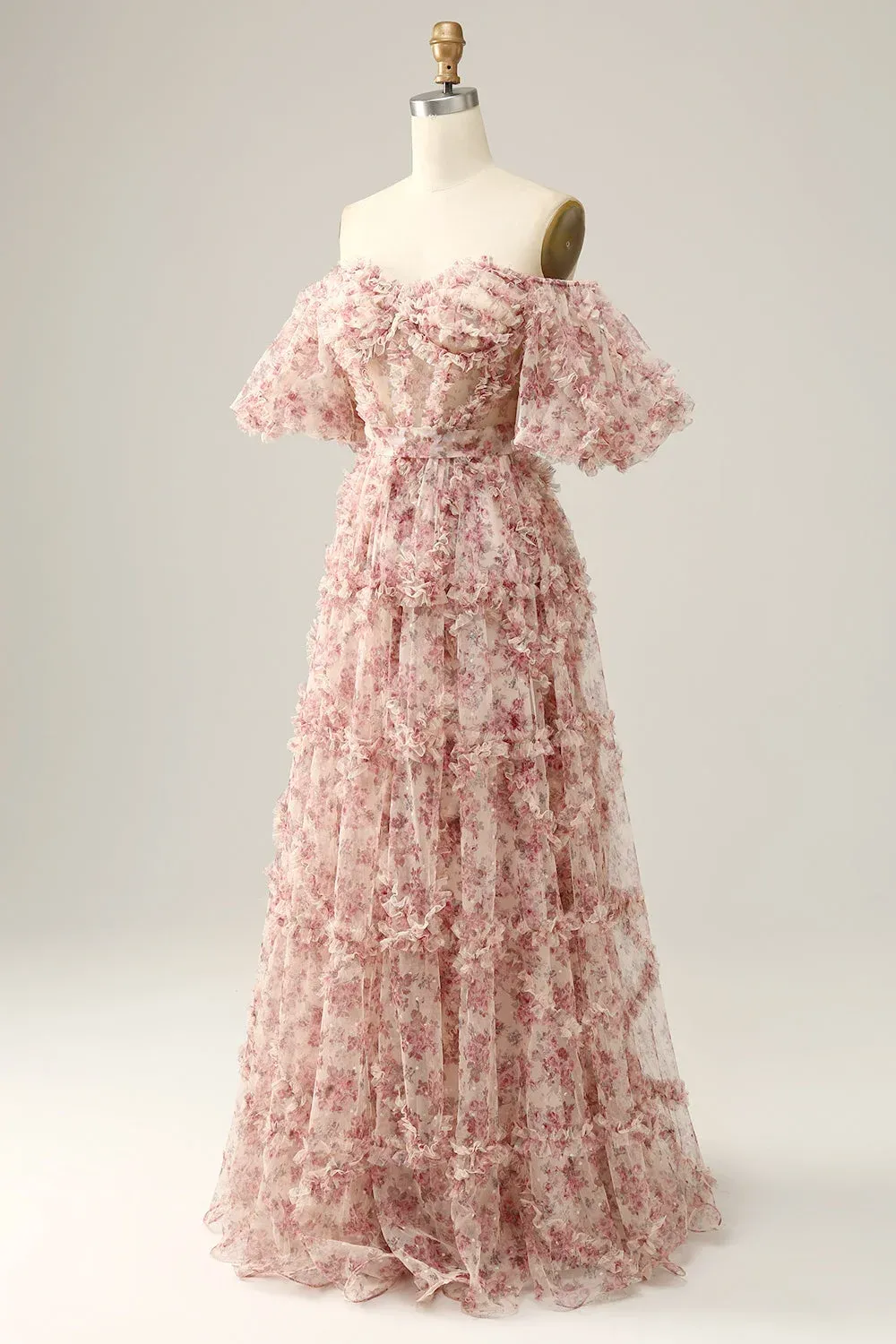 Elegant Pink Floral Printed Off-the-Shoulder Corset Prom Dress with Sweep Train
