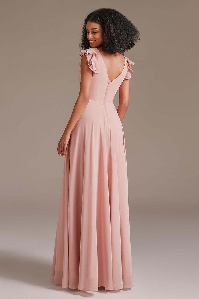 Dusty Rose Ruffles Sleeves Bridesmaid Dress with Pockets
