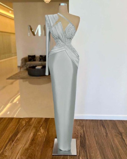 Long Sleeve One Shoulder Long Formal Dress With Pleated Appliques