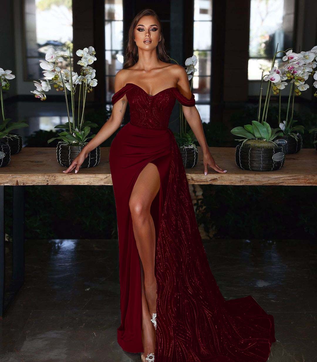 Light Blue Long Slit Mermaid Off-The-Shoulder Evening Dress With Sequins Ruffles