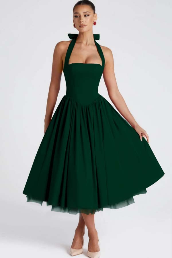 Halter Sleeveless Long A Line Formal Dress With Pleated Tulle