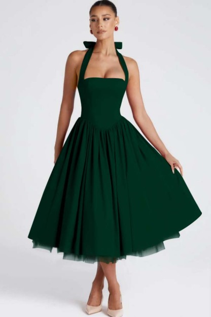 Halter Sleeveless Long A Line Formal Dress With Pleated Tulle