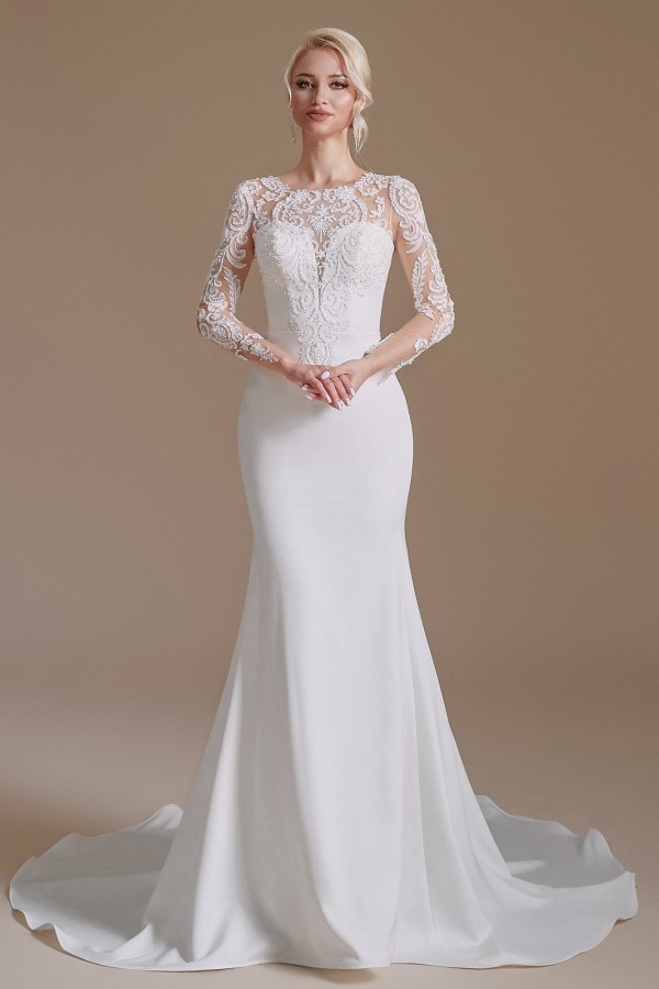 Romantic Mermaid Jewel Satin Lace Long Wedding Dress with Sleeves