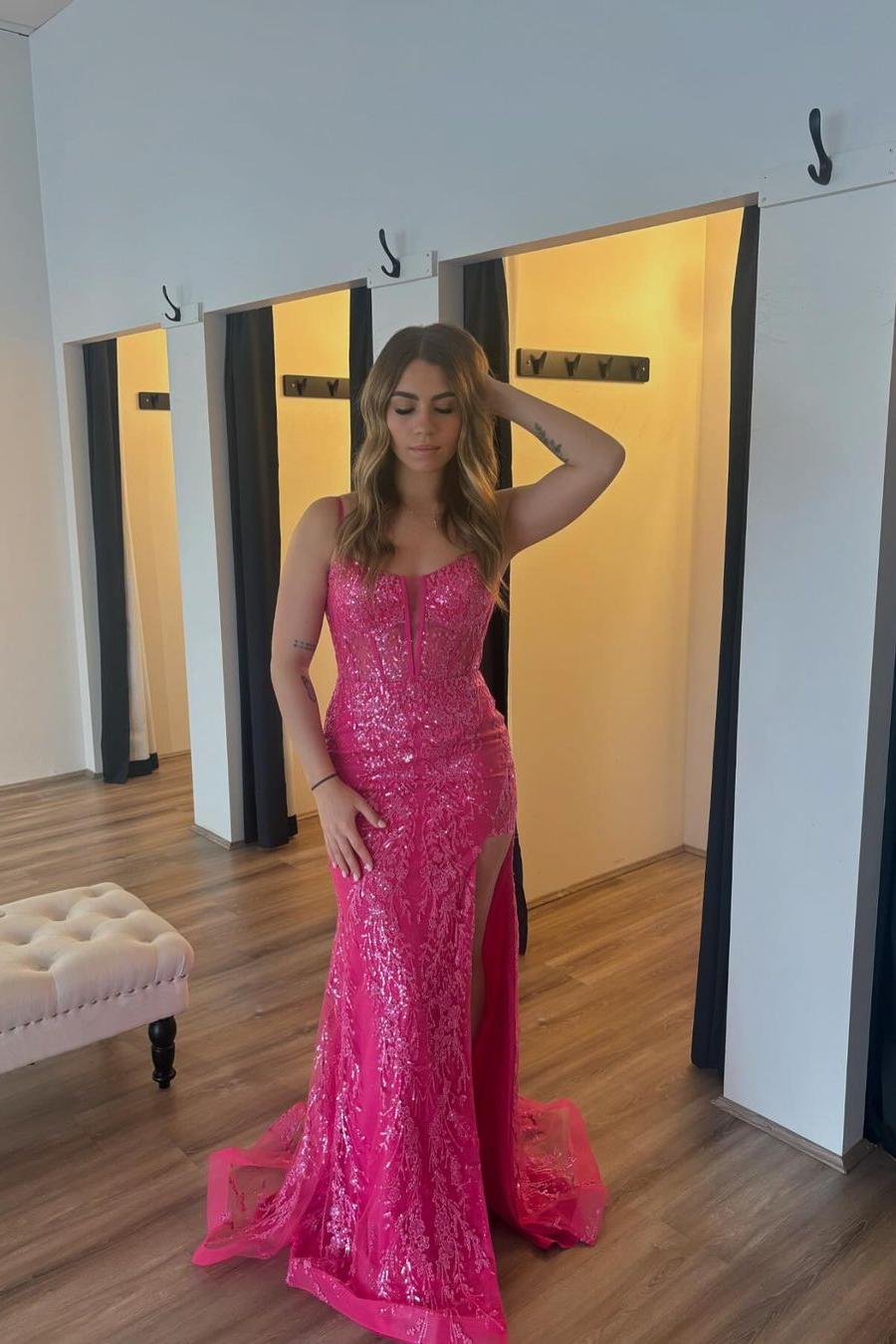 Charming Spaghetti Strap Sleeveless Long Split Formal Dress With Appliques