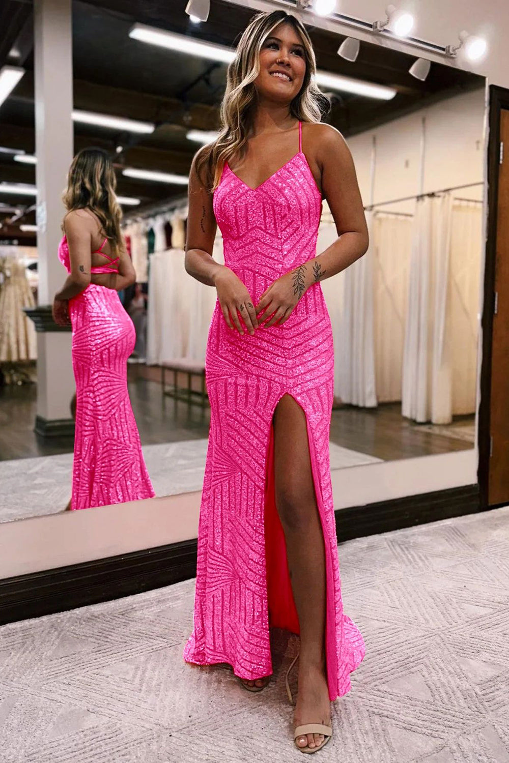 Long Orange Sequined Prom Dress with Criss Cross Back and Sheath Spaghetti Straps
