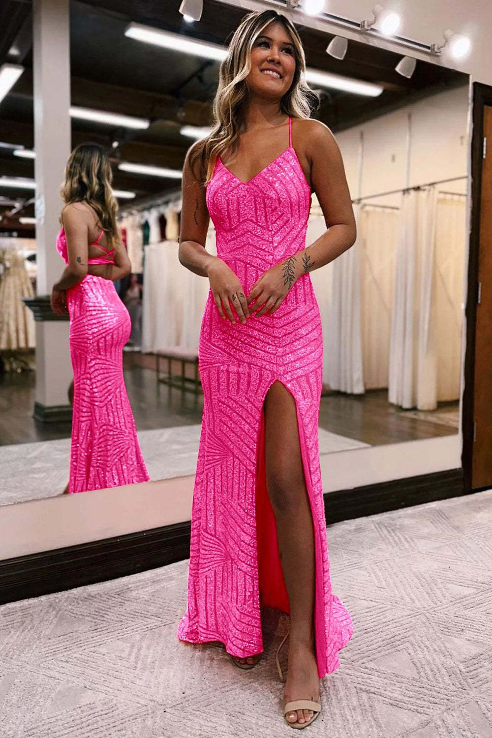 Long Orange Sequined Prom Dress with Criss Cross Back and Sheath Spaghetti Straps