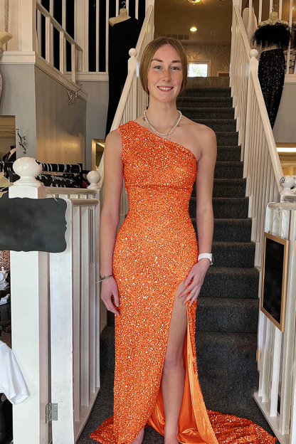 White Sequined Long Prom Gown with One Shoulder and Front Slit