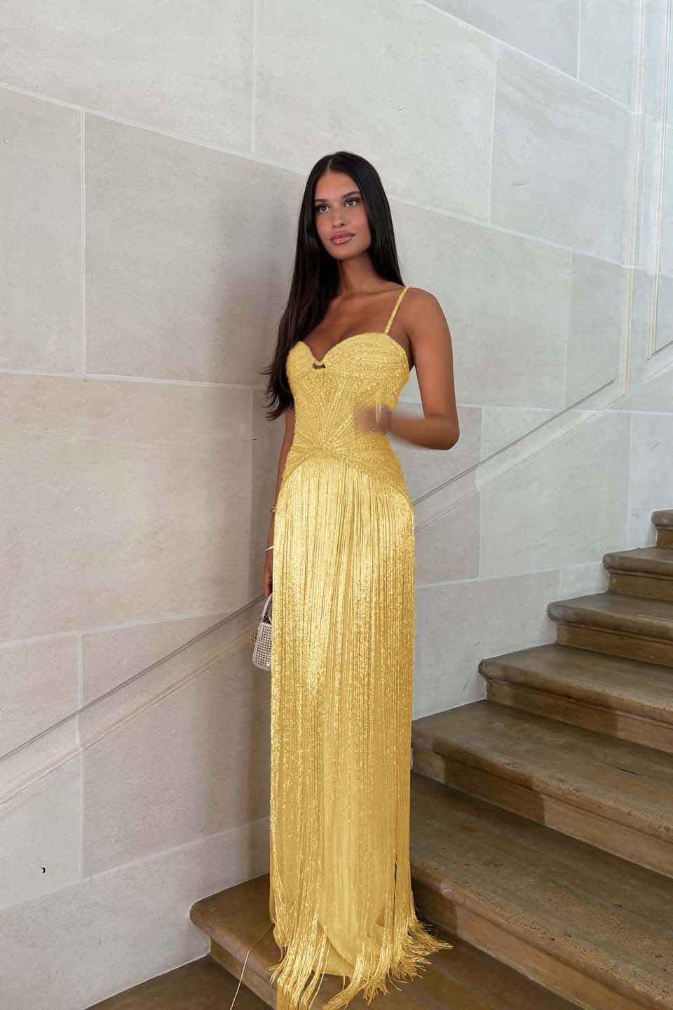Spaghetti straps Sleeveless Long Formal Dress With Beading Tassel
