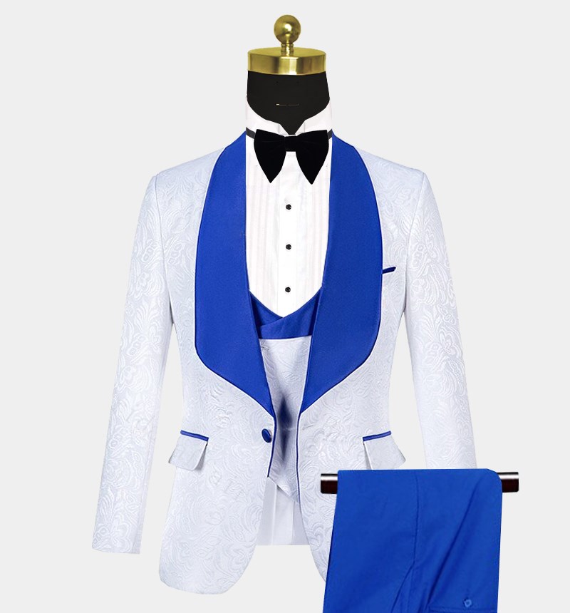 Cool White Jacquard Shawl Lapel Wedding Tuxedo with Blue Three-Piece