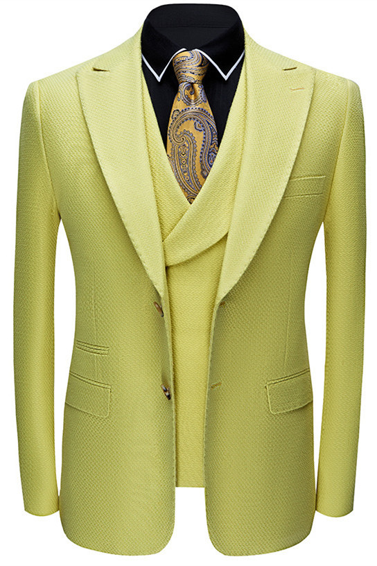 Stylish Yellow Peaked Lapel Three-Piece Groom and Groomsmen Suits