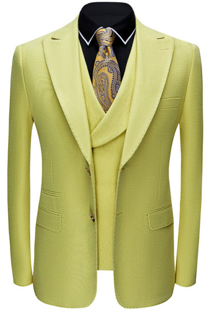Stylish Yellow Peaked Lapel Three-Piece Groom and Groomsmen Suits
