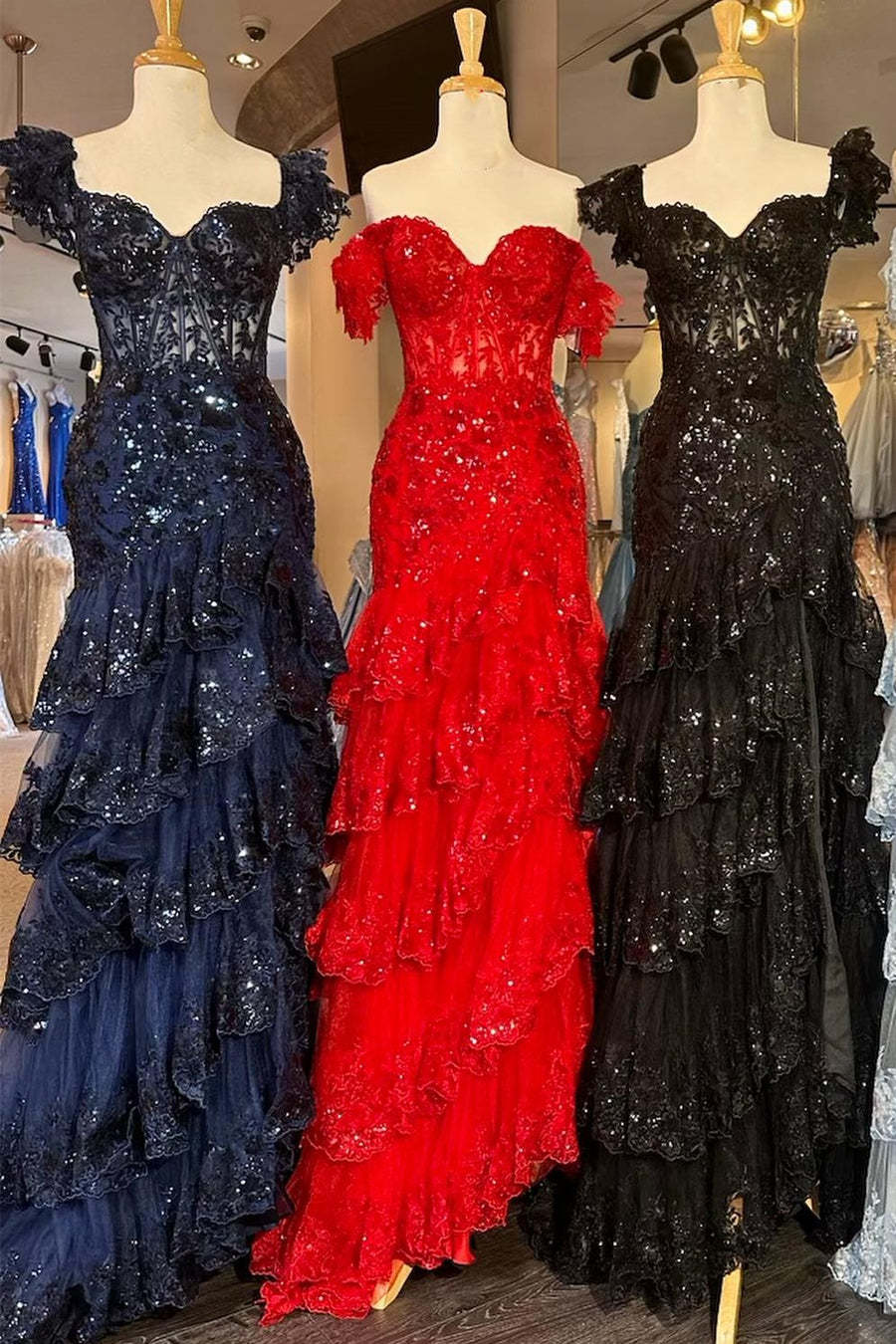 Elegant Navy Mermaid Prom Dress with Off-Shoulder Lace Ruffles