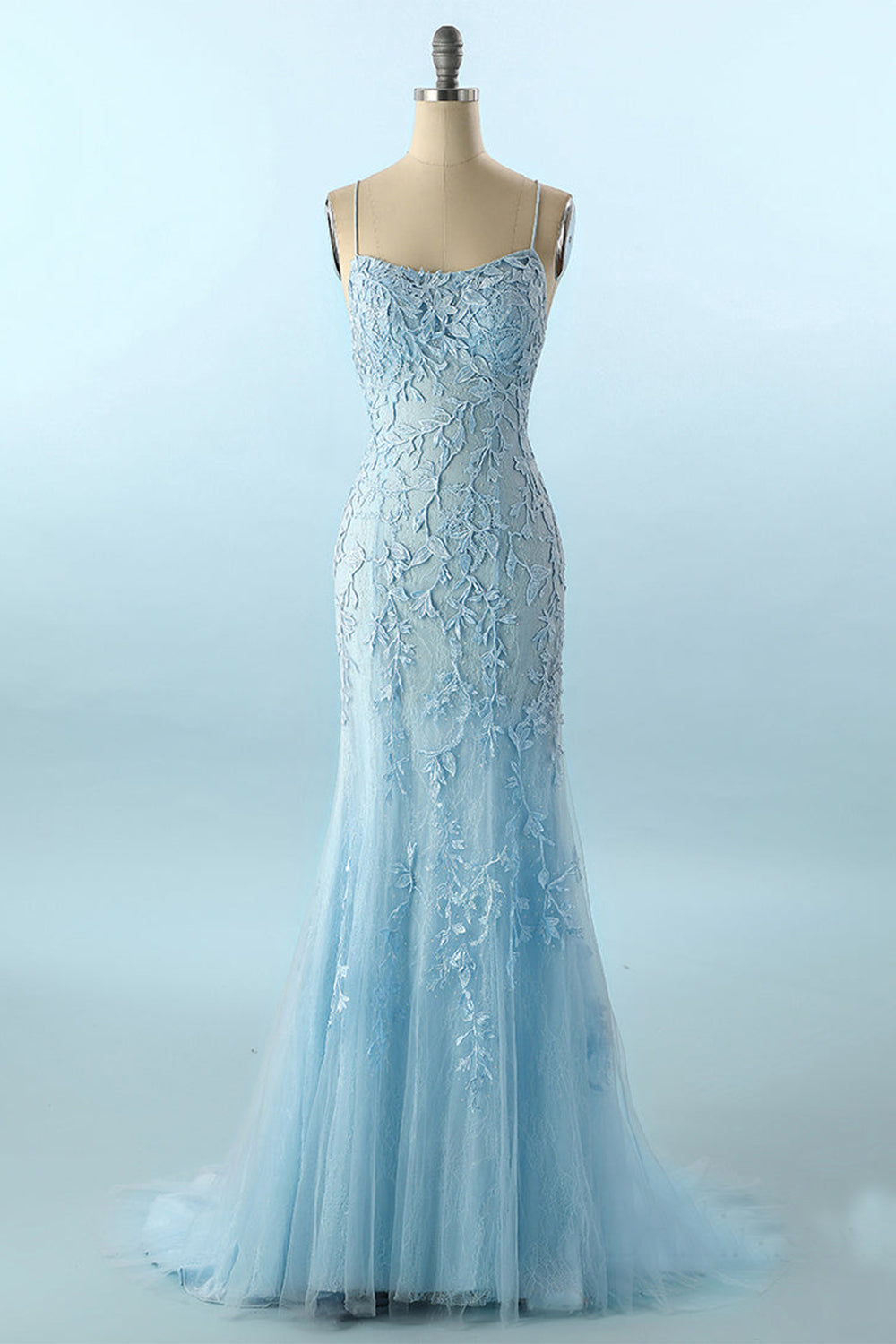 Backless Prom Dress with Blue Spaghetti Straps