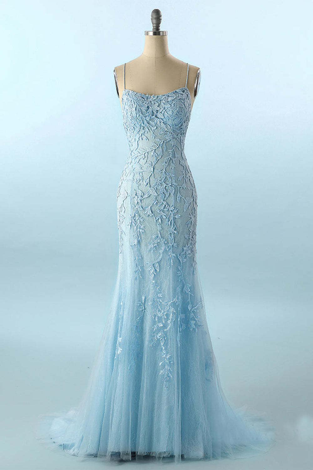Backless Prom Dress with Blue Spaghetti Straps
