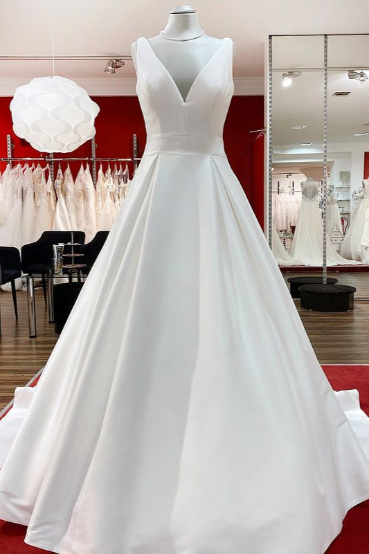 Modest A-Line Long V-Neck Satin Open Back Wedding Dress with Ruffles