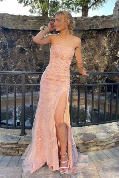 Long Strapless Pink Prom Dress Featuring Lace and a Slit