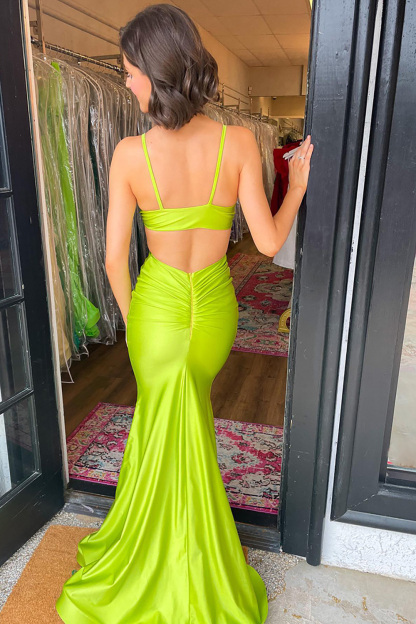 Satin Mermaid Prom Dress with Red Spaghetti Straps and Elegant Cut-out Design