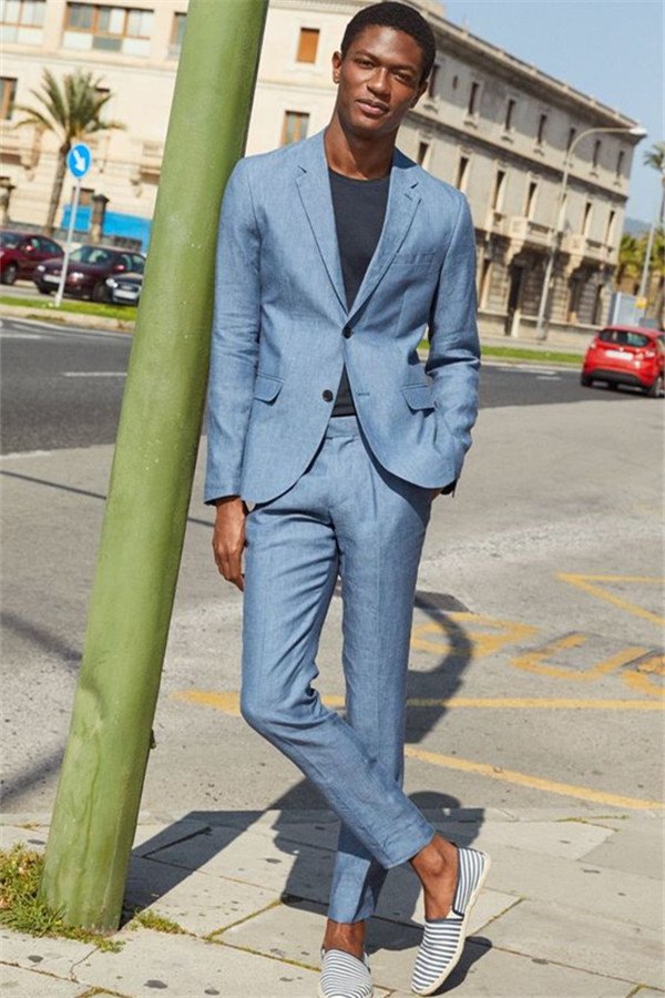 Fashion Navy Blue Casual Slim Fit Linen Two-Piece Dinner Prom Suit for Man